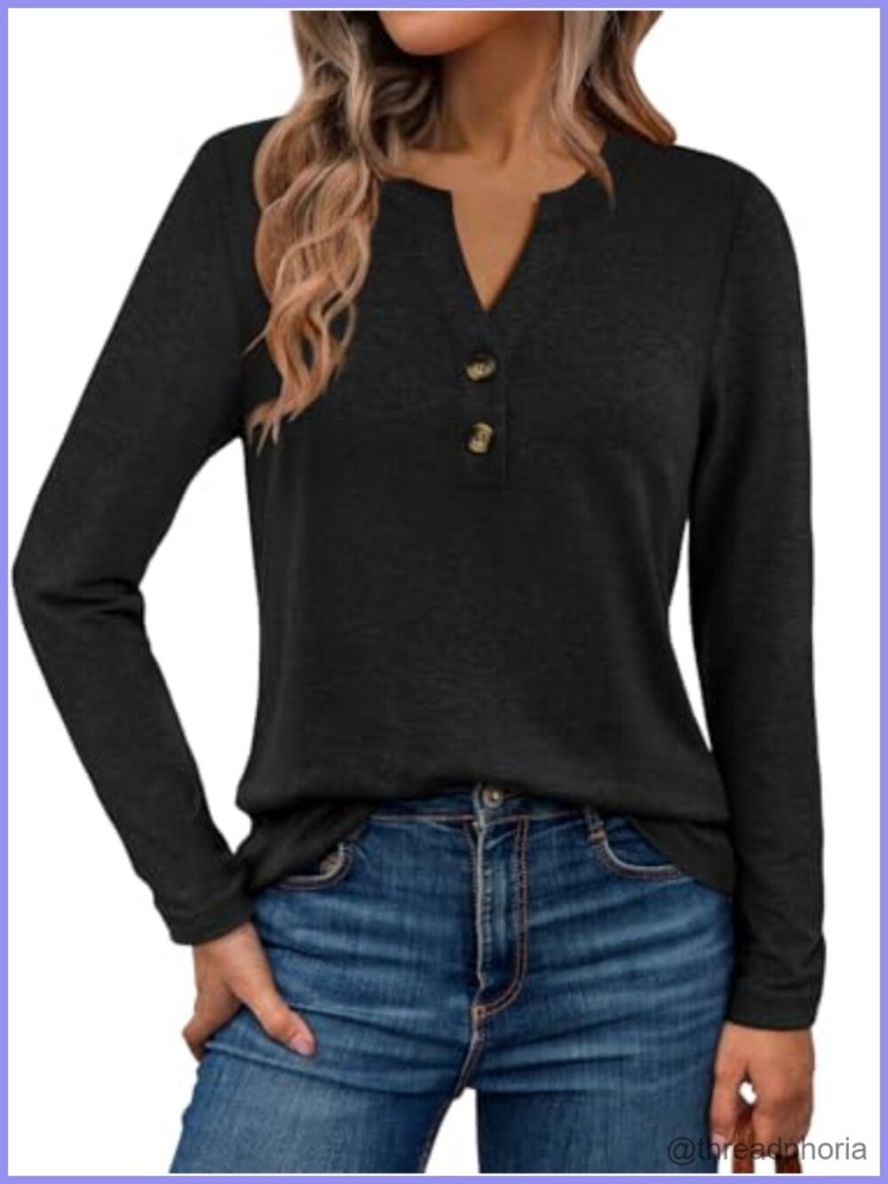 Womens Henley V Neck Long Sleeve Button Down Blouse Top